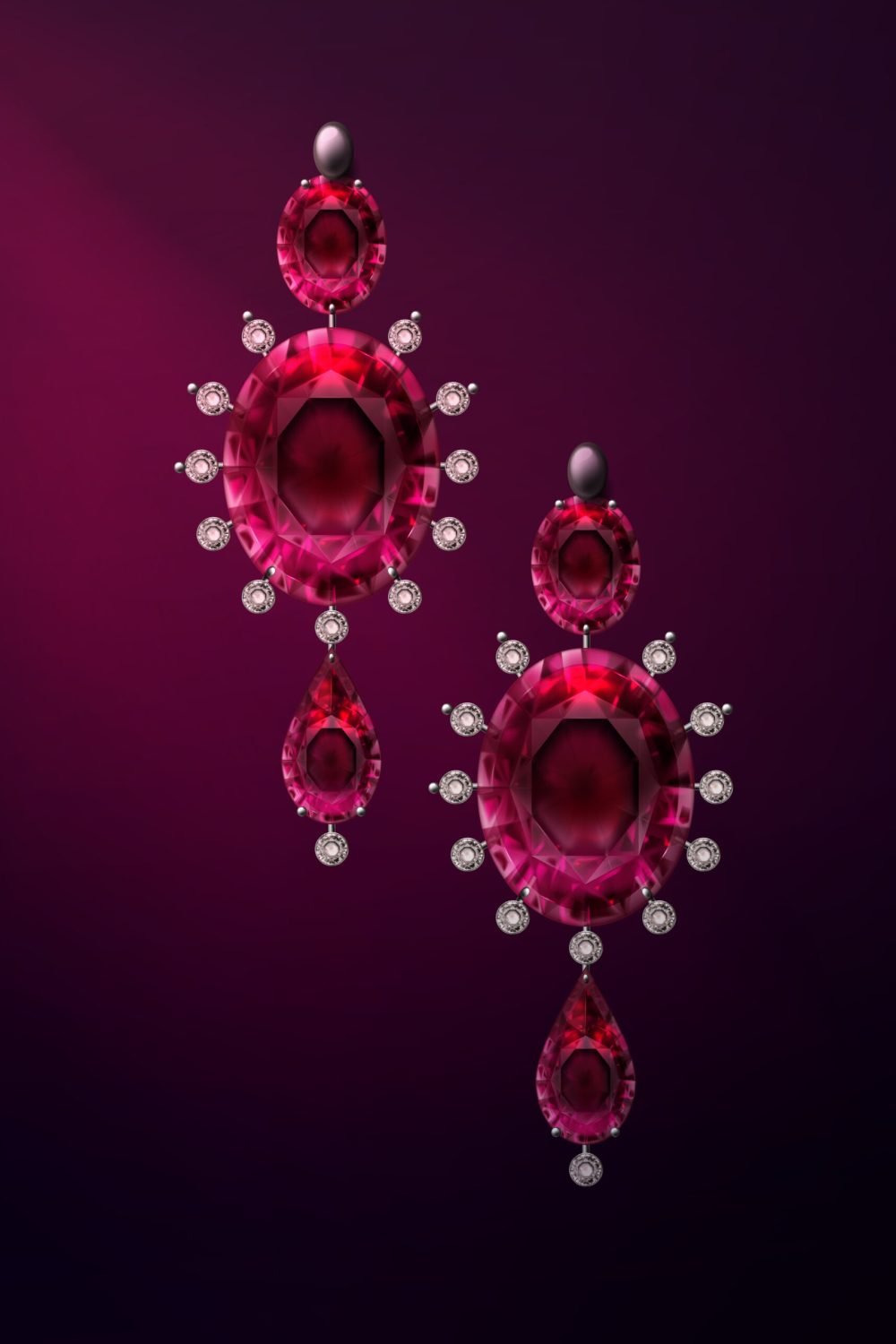 Vector illustration of pair earrings with gemstone of red colors. Close up, isolated on background